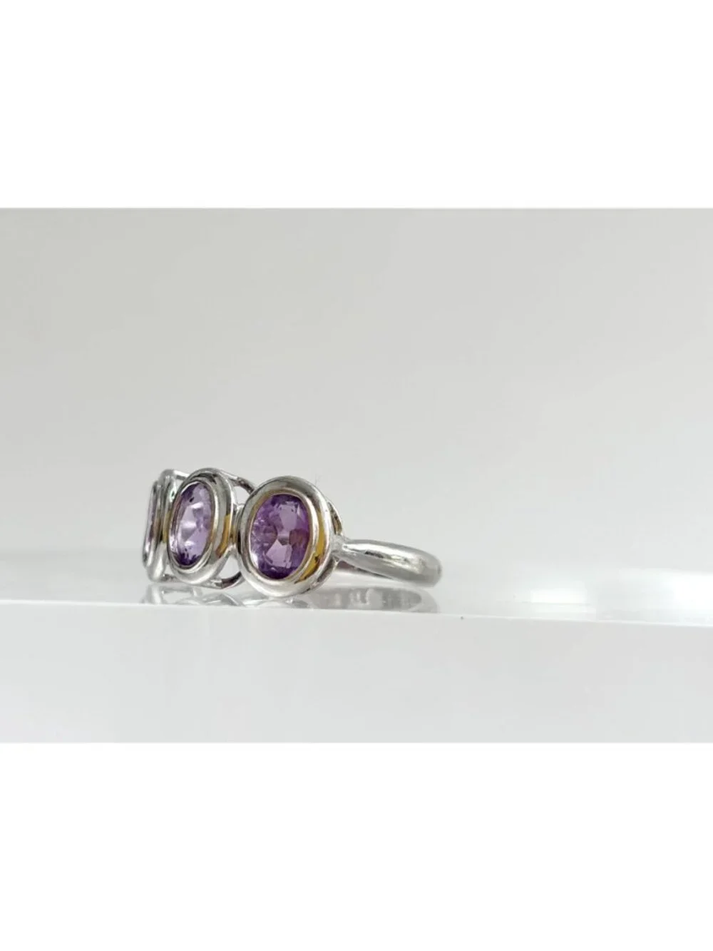 Triple Amethyst Gemstone Minimalist Sterling Silver 925 Vintage Ring - sz 8